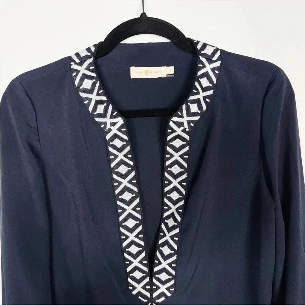 Tory Burch Ariana navy tunic embroidered trim long sleeve Size 2